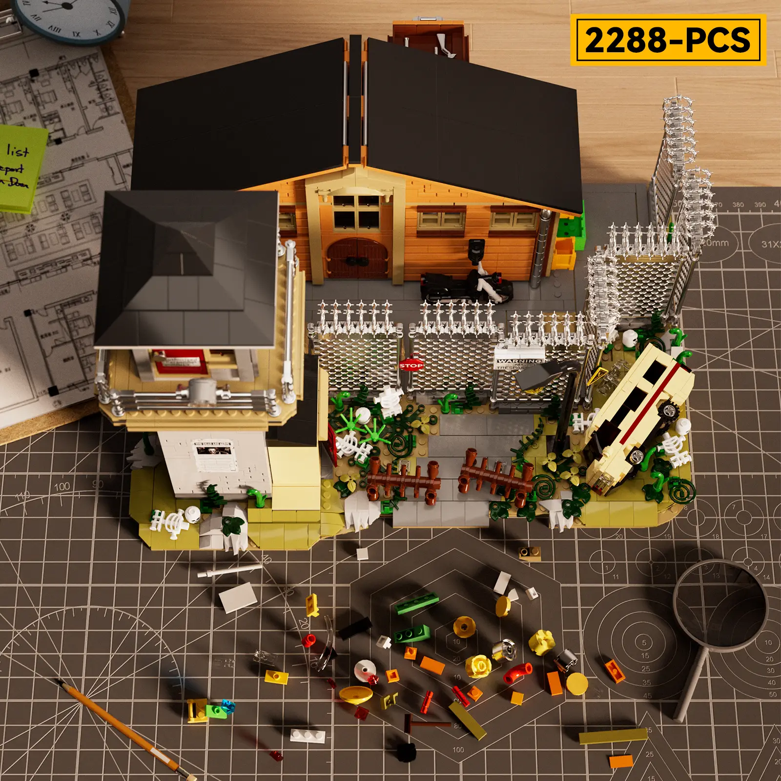 Abandoned prison architecture model with watchtower and yard