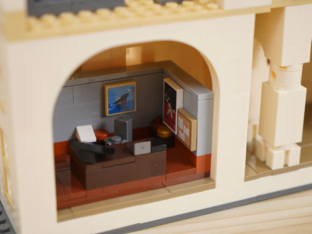 Elevated view of the CR004 civic hall brick building