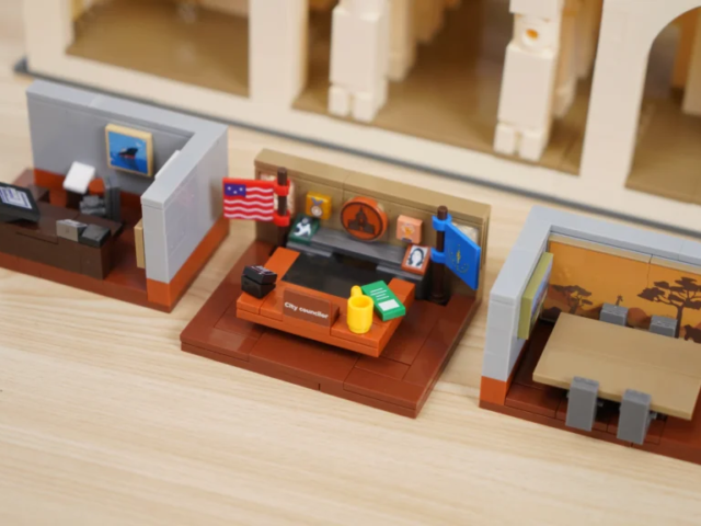 Grand city hall brick model displayed on a desktop