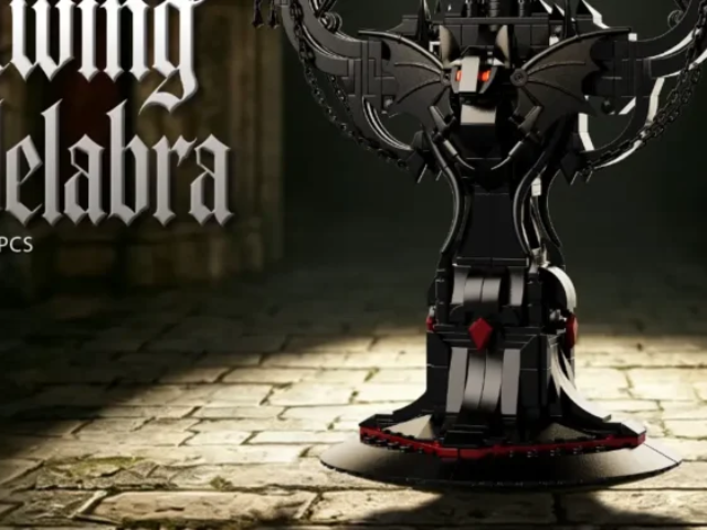 Gothic batwing candelabra building set and retail box on a white background