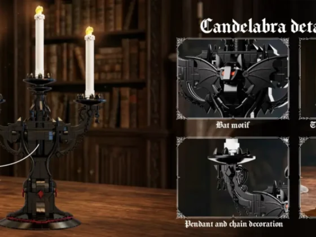 Light-up Gothic candelabra brick model with size measurements and product box