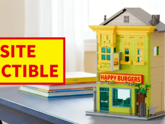 Detailed burger shop brick model with storefront windows and sign