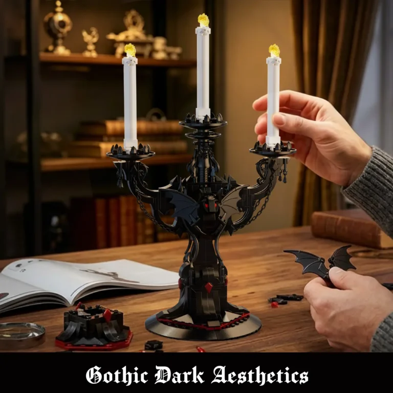 Completed Gothic batwing candelabra building block model displayed with its box