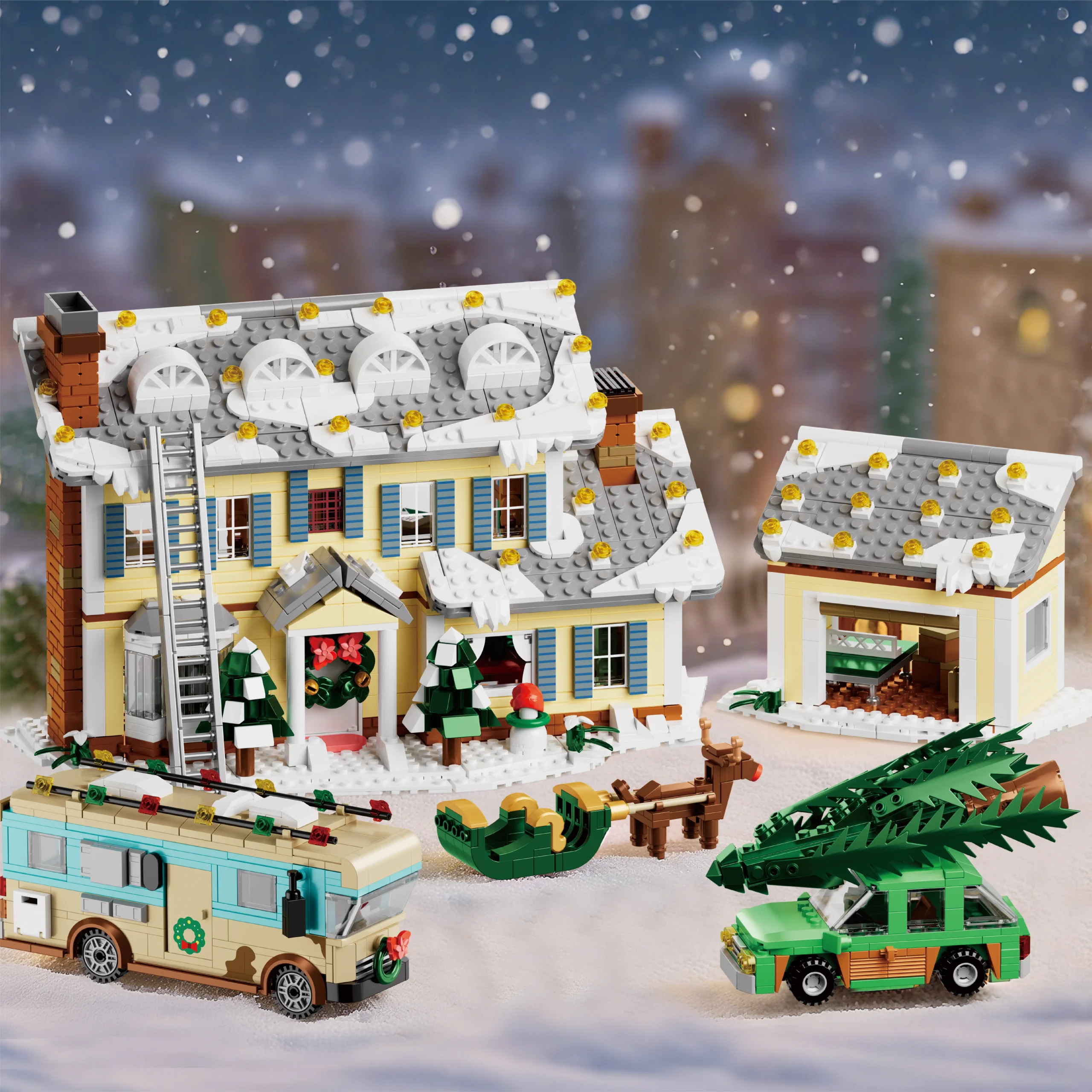 Snow-covered roof with holiday lights on the Christmas house model