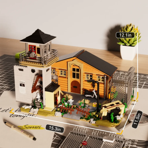 Dystopian prison outpost construction set with orange main building