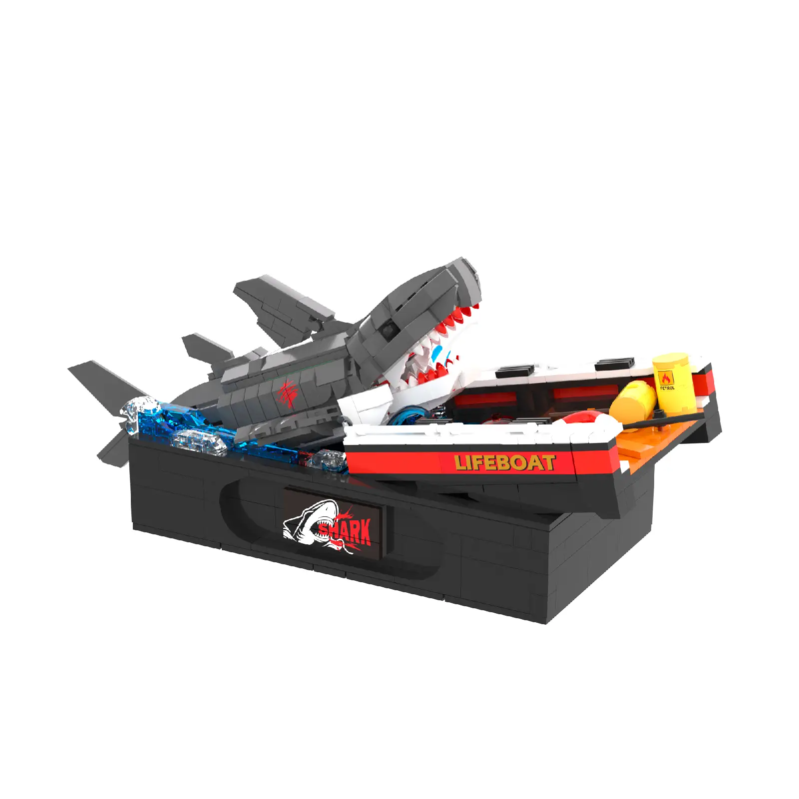 Large gray shark attacking a red and white lifeboat brick model