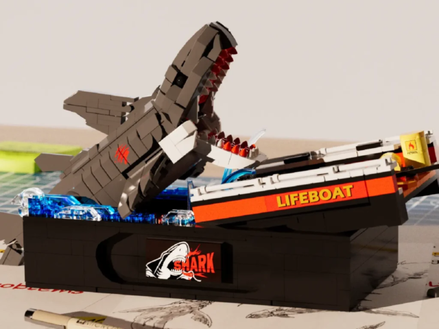 Rear view of the shark and damaged lifeboat building model