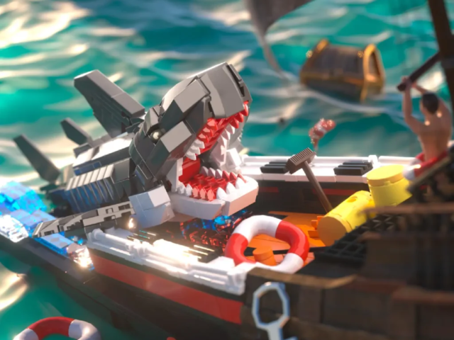 Shark tail rising from the water beside the lifeboat