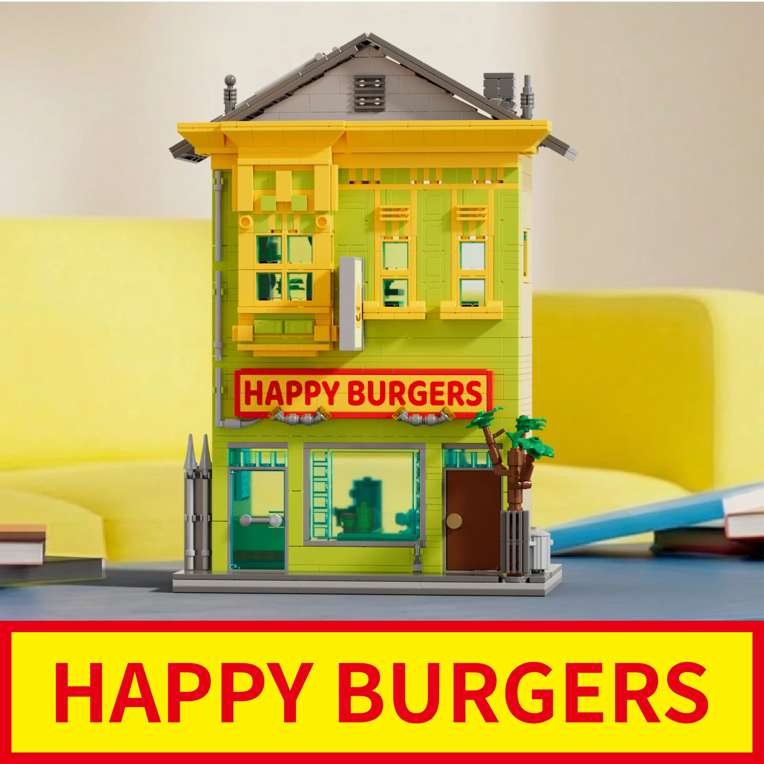 Two-story Happy Burgers shop building set with green and yellow exterior
